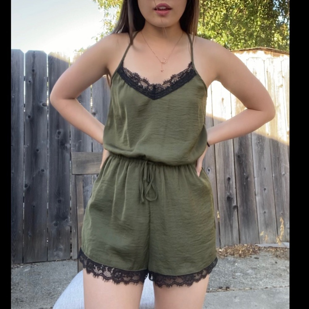 Olive Green Hollister Romper w/ Black Lace Detail